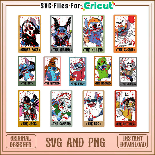 Stitch horror movie tarot halloween bundle svg, horror movie stitches​ svg​