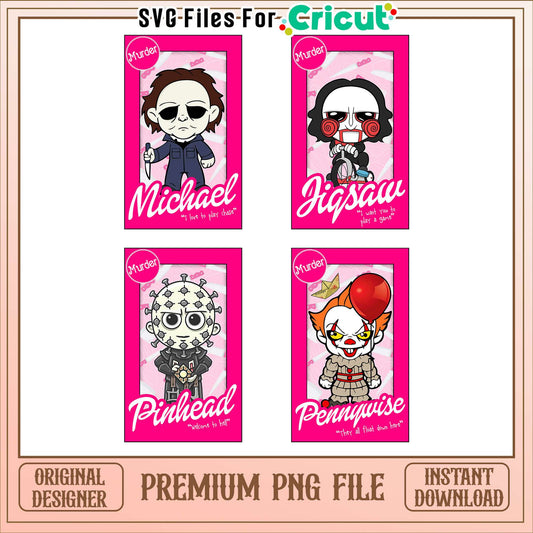 Horror movie chibi barbie cards bundle png, halloween horror movie​ png