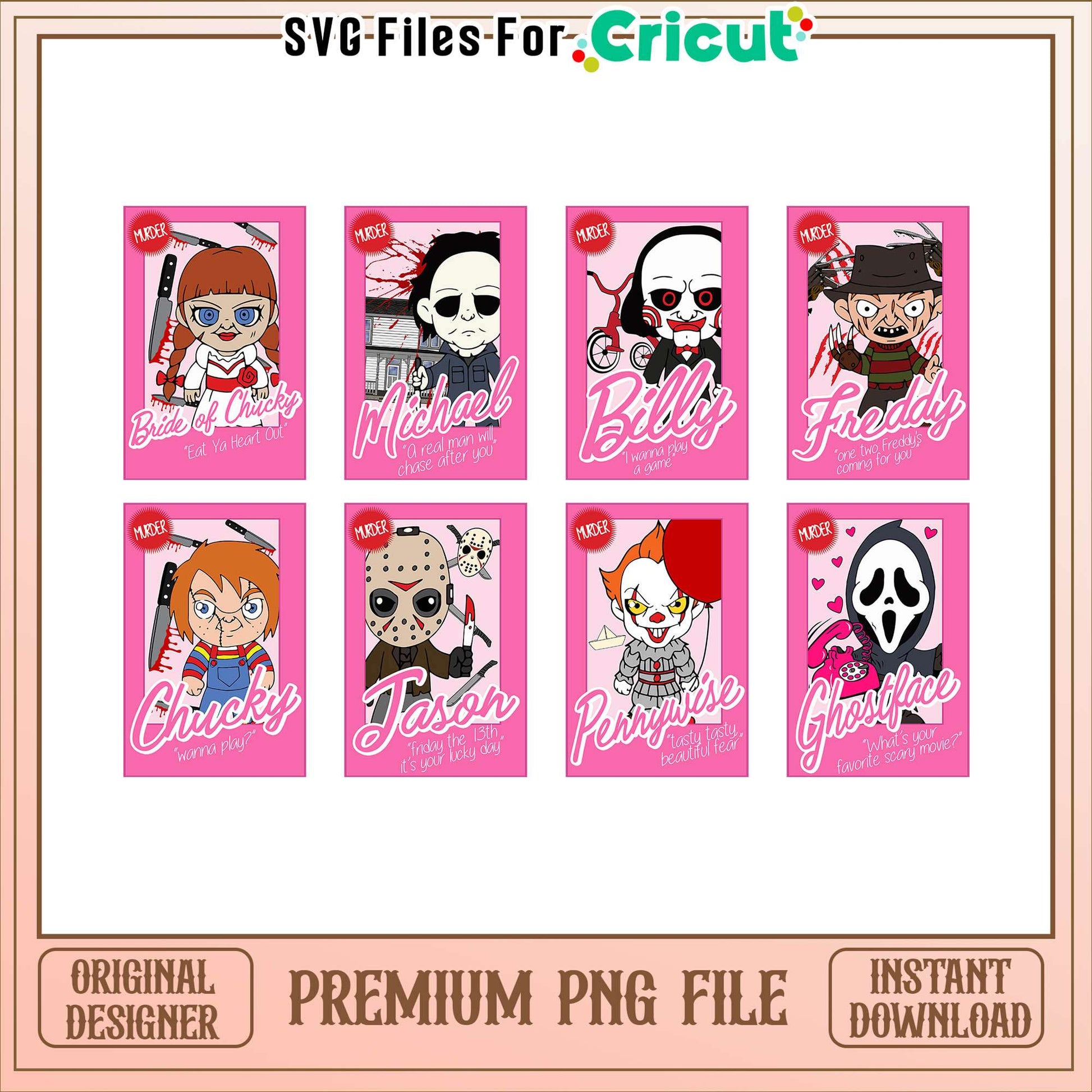 Horror movie chibi barbie cards halloween bundle png, chibi horror movie characters​​ png