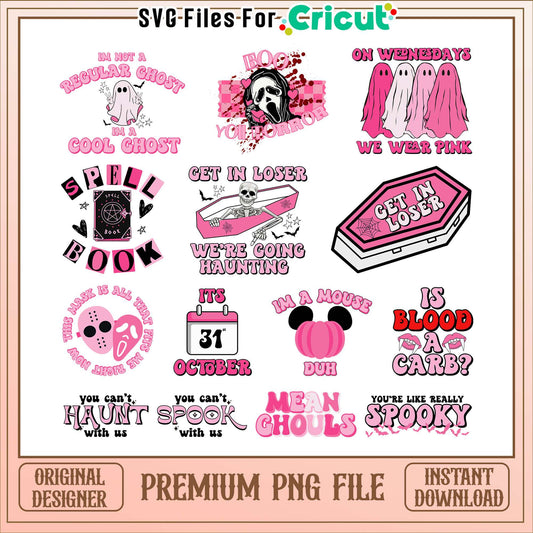 Pink ghost horror halloween bundle png, halloween pink ghost​ png