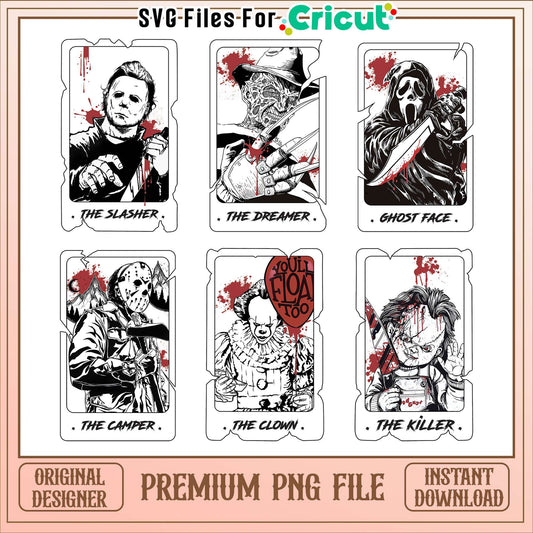 Horror movie black white card halloween bundle png, horror movies​ png