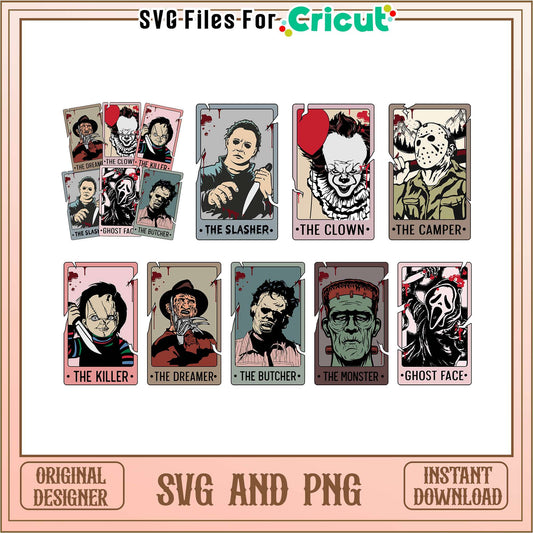 Retro halloween characters tarot bundle svg, halloween movie characters​ svg