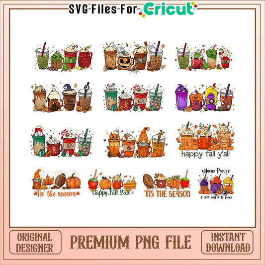 Happy fall y'all coffee halloween bundle png, tis the season png
