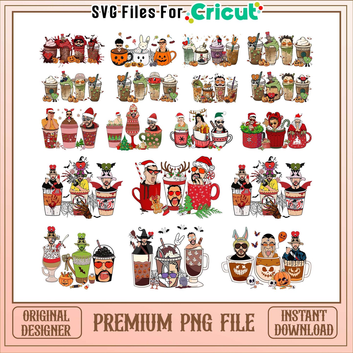 Bad bunny coffee cup halloween bundle png, bad bunny halloween​ png