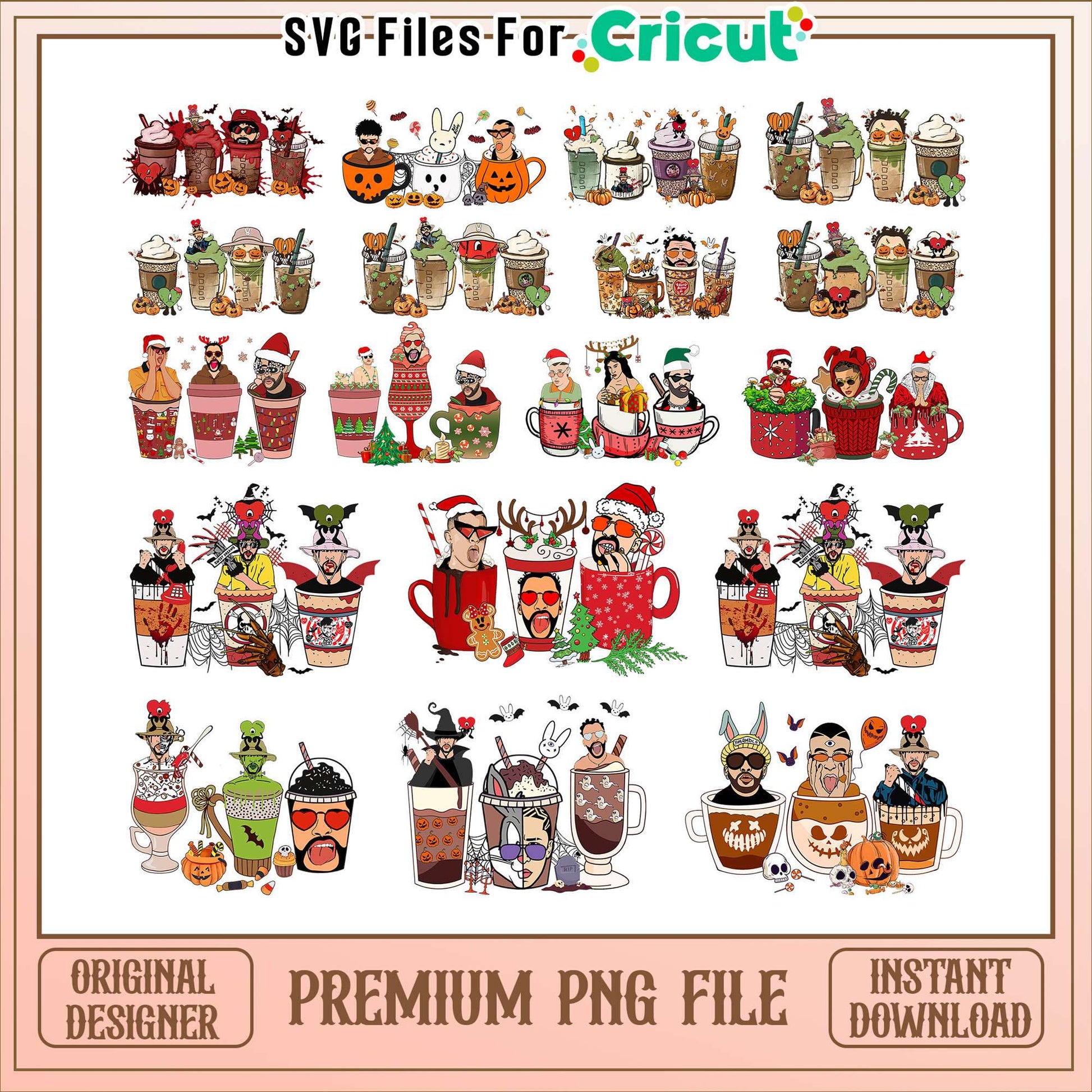 Bad bunny coffee cup halloween bundle png, bad bunny halloween​ png
