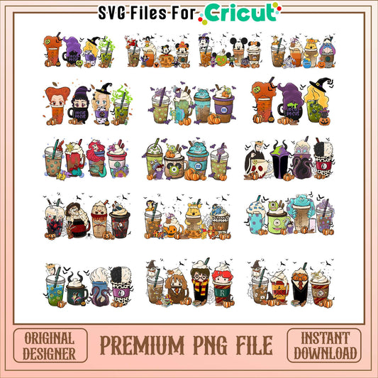 Disney cartoon coffee halloween bundle png, disney coffee cups​ png