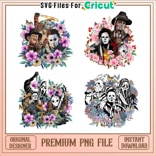 Horror characters floral halloween bundle png, horror movies​​ png