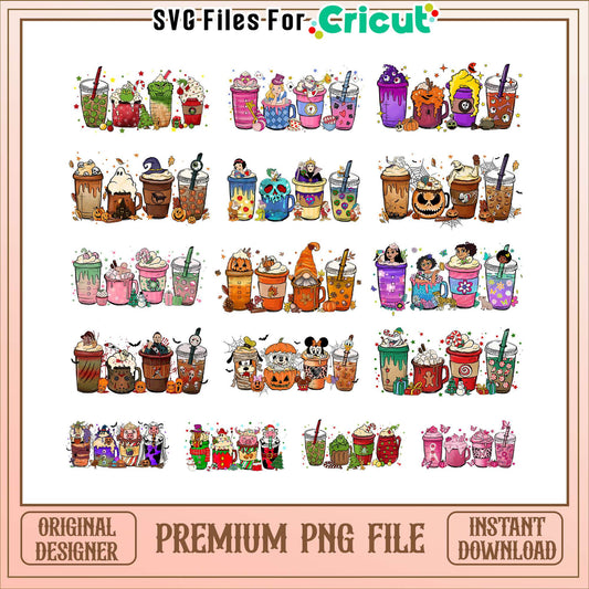 Disney characters cooffee halloween bundle png, Disney halloween png