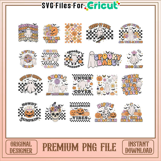 Retro spooky vibes logo halloween bundle png, halloween quotes​ png