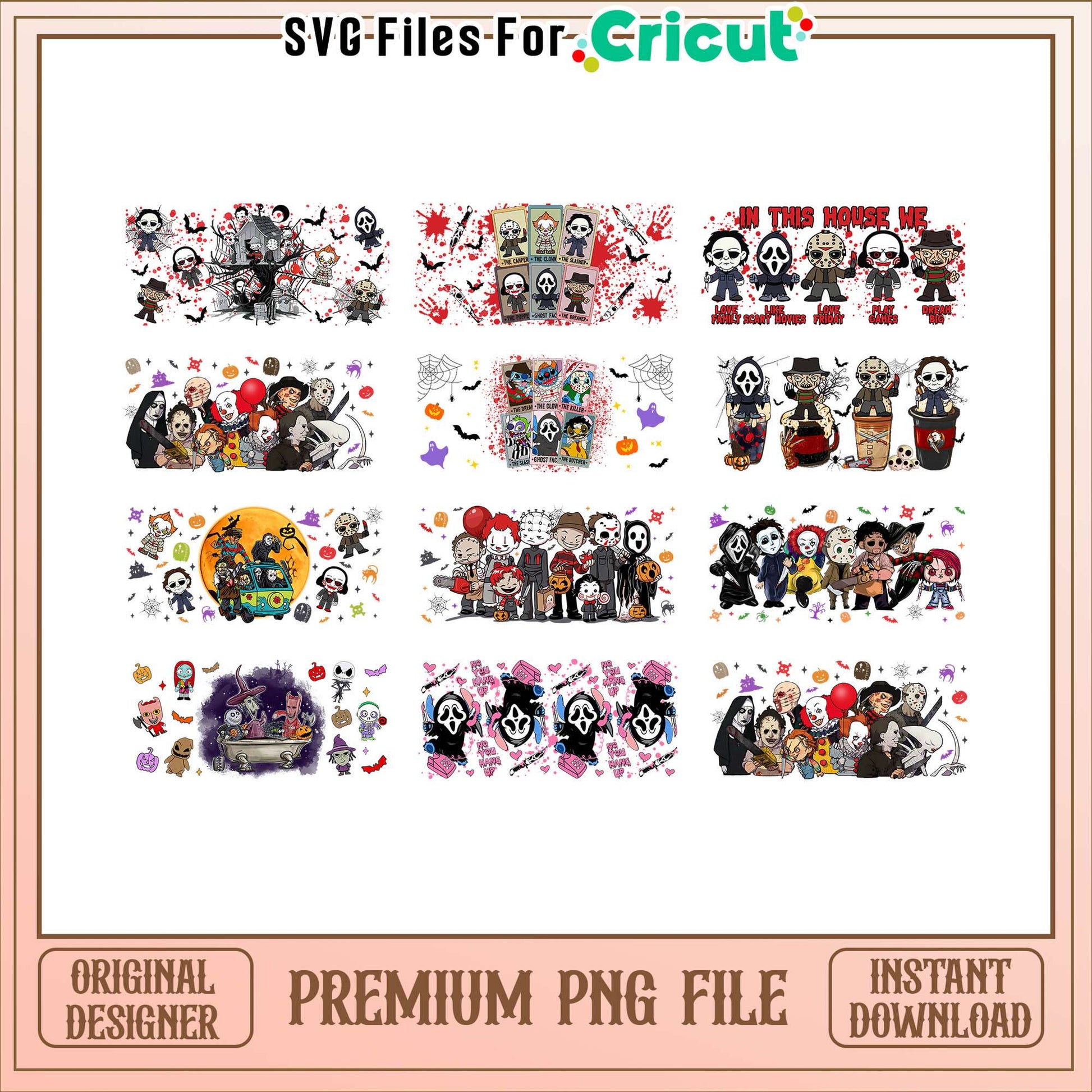 Chibi killer glass wrap bundle png, chibi horror characters​ png