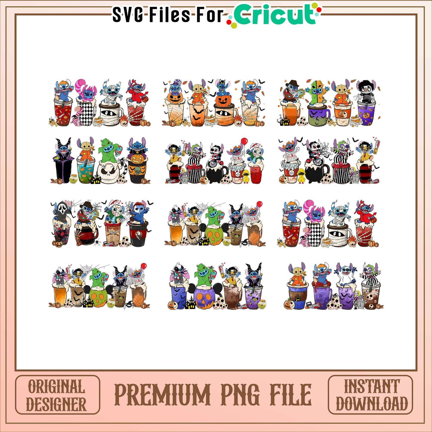 Stitch horror coffee cup halloween bundle png, stitches horror movie​​ png