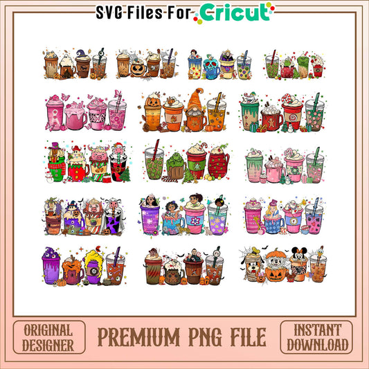 Disney characters coffee halloween bundle png, halloween coffee cup​ png