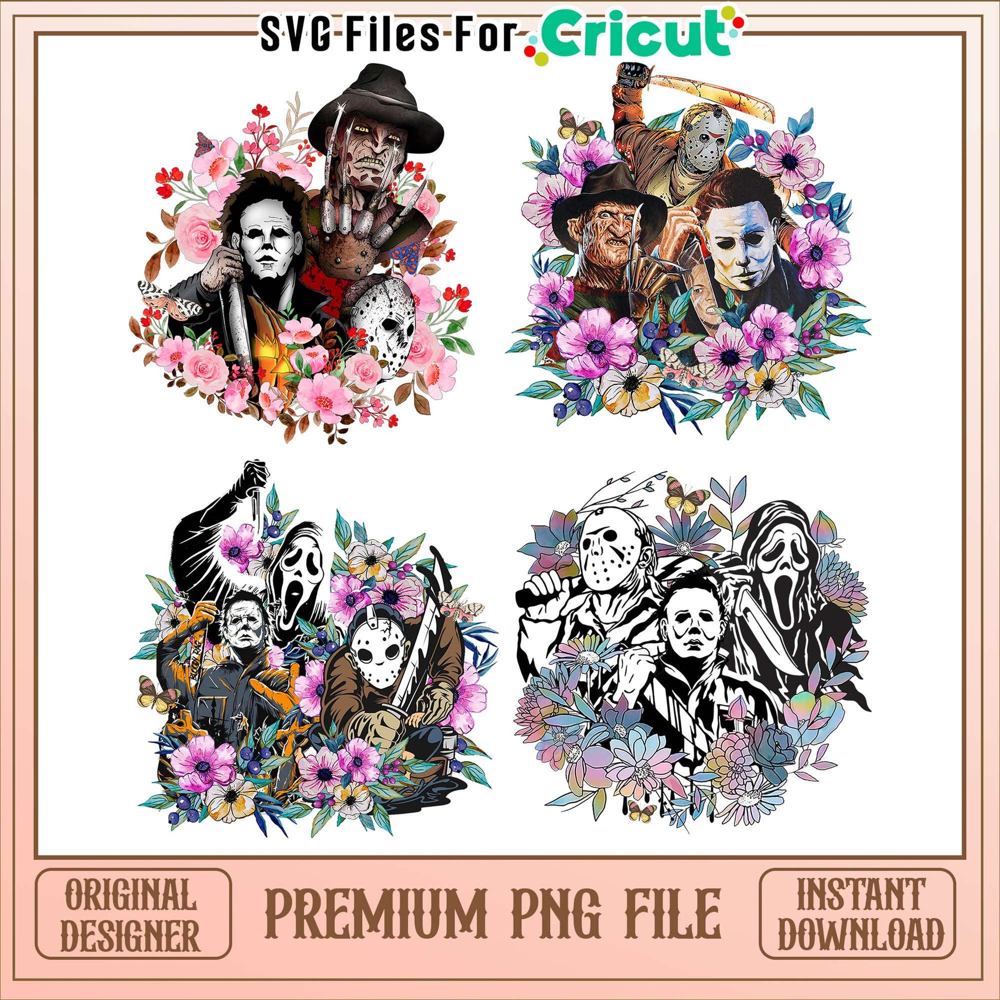 Horror movie flower halloween bundle png, horror movie faces​ png