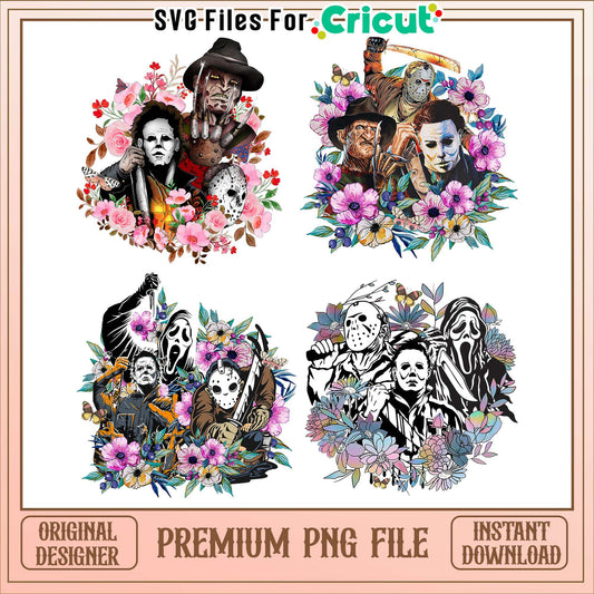 Horror movie flower halloween bundle png, horror movie faces​ png