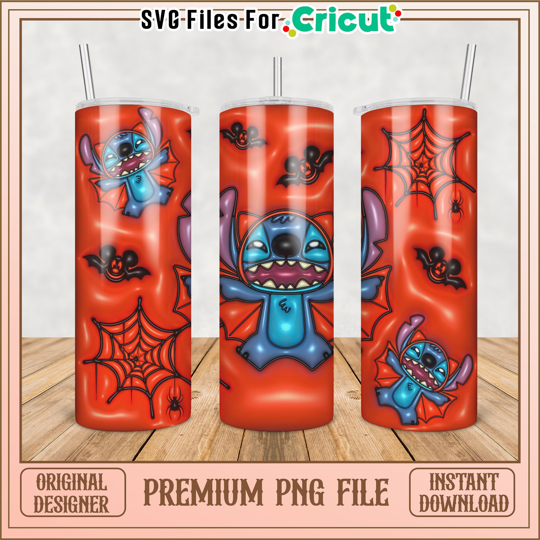 Halloween Tumbler Design PNG with Cute Bat and Spider Theme