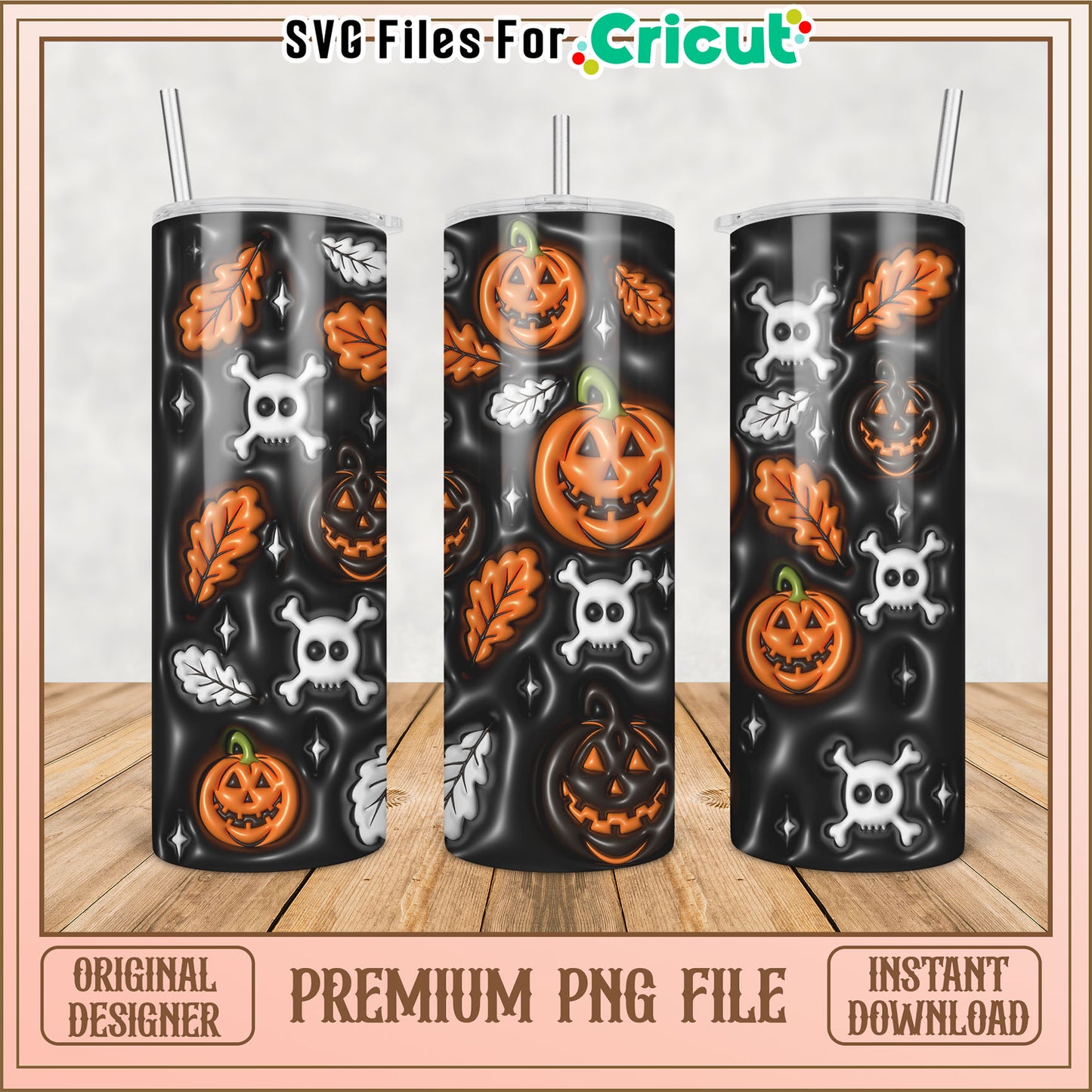 Halloween Tumbler Design PNG with Pumpkins and Skulls for Cricut