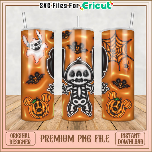 Halloween Tumbler PNG Design with Skeleton and Ghost Elements