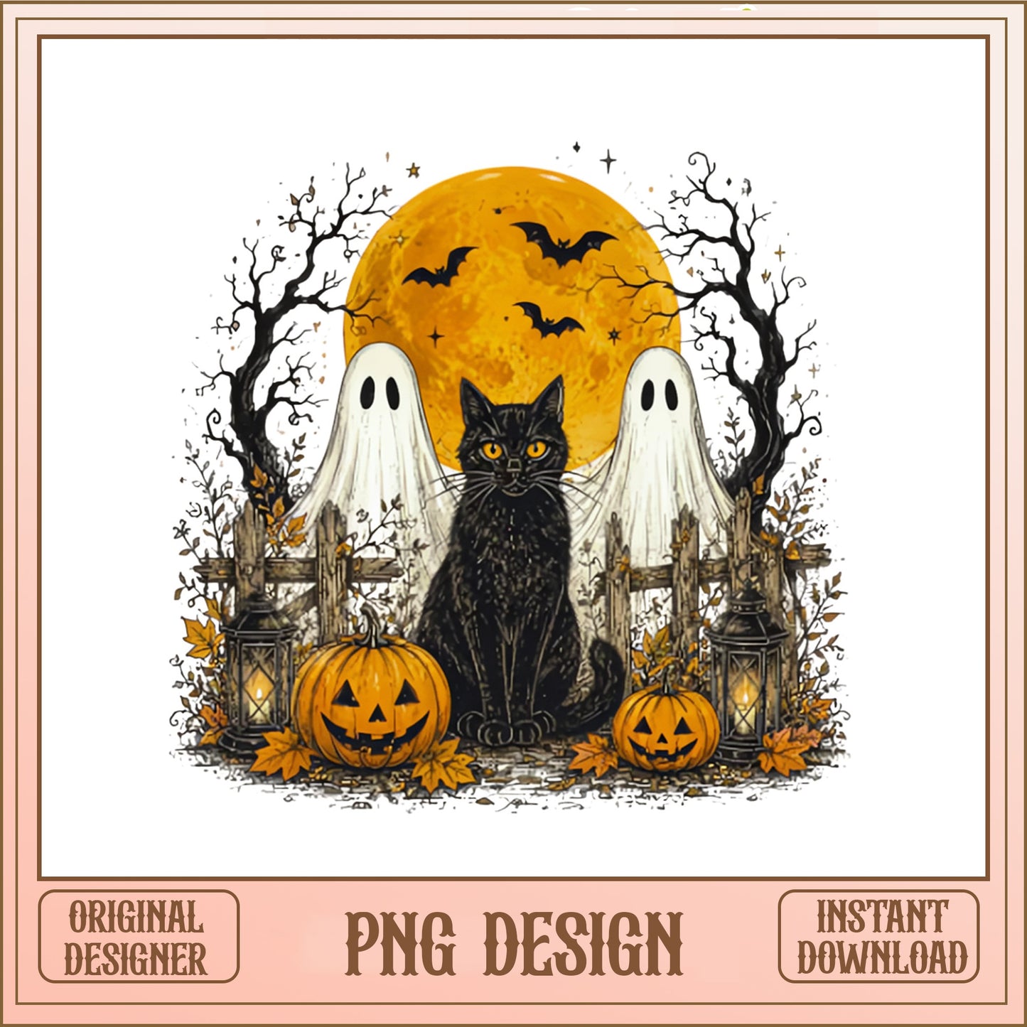 Halloween Black Cat Ghost PNG, Spooky Pumpkin Halloween PNG, Fall PNG