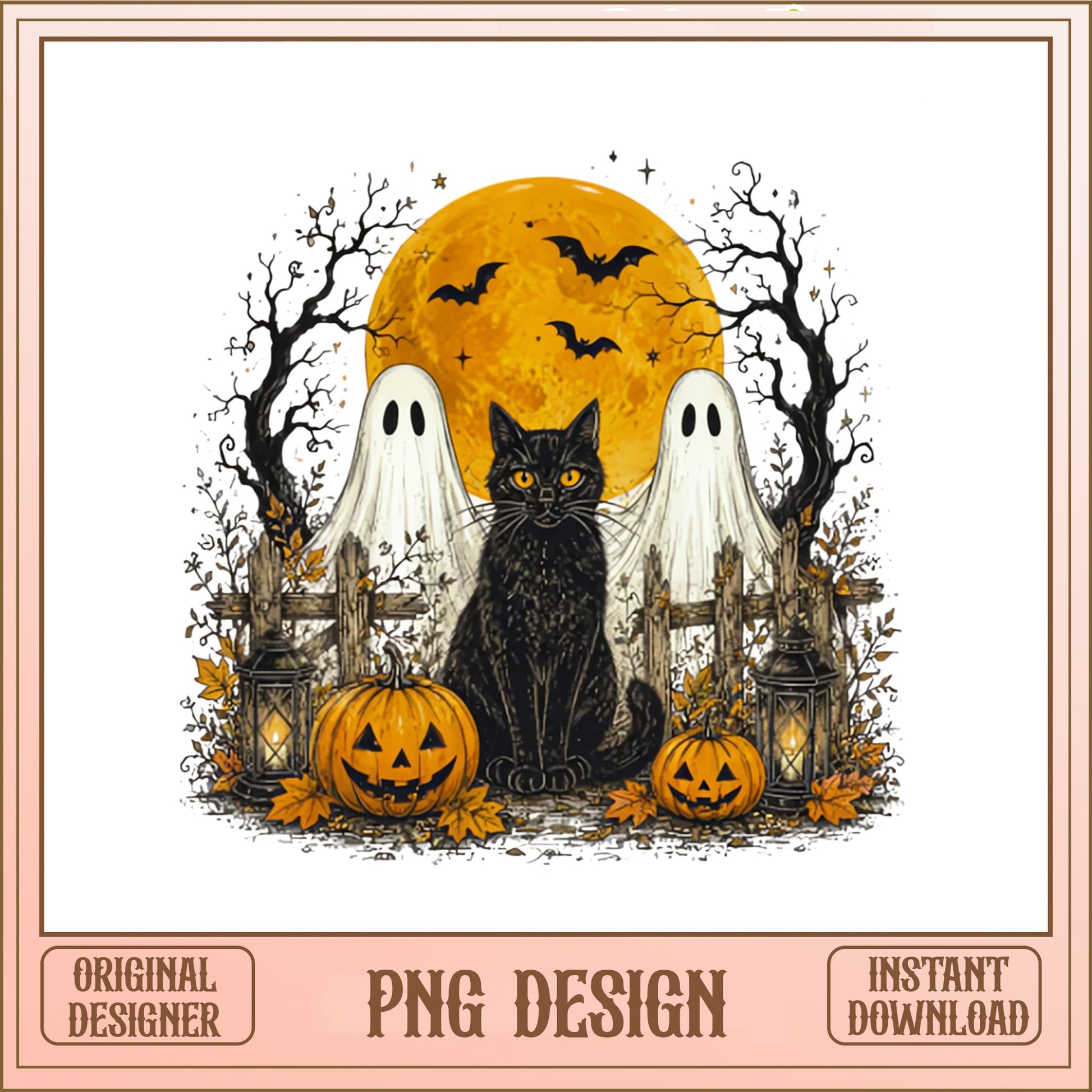 Halloween Black Cat Ghost PNG, Spooky Pumpkin Halloween PNG, Fall PNG