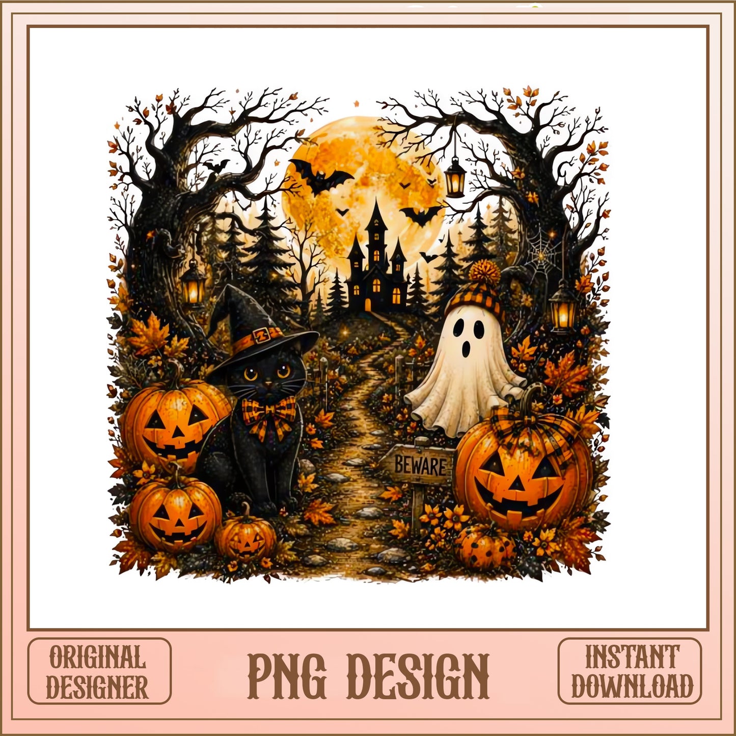 Halloween Black Cat Ghost Pumpkin PNG, Haunted House PNG, Spooky Halloween PNG