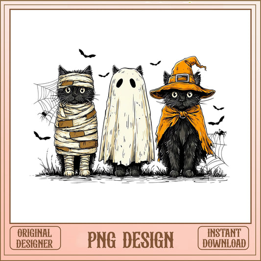 Halloween Black Cat PNG, Spooky Cat Ghost Witch Mummy PNG, Cat PNG