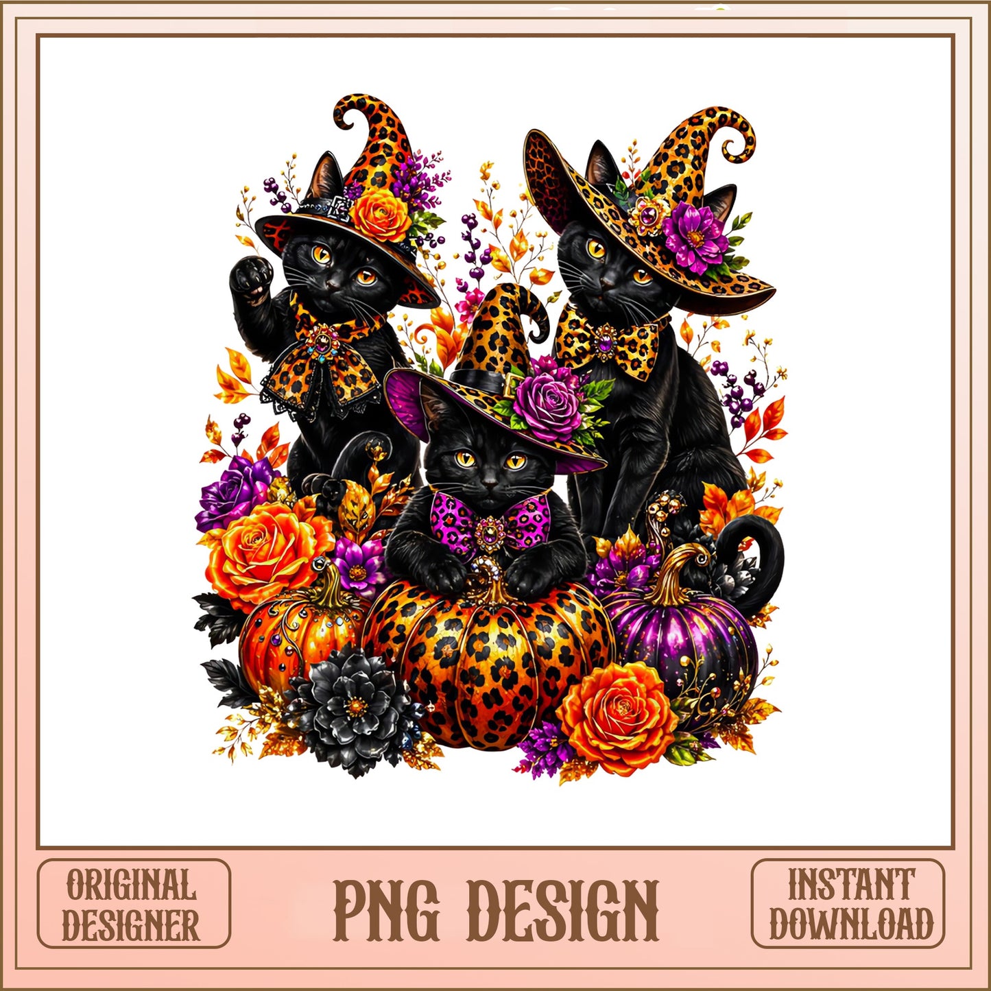 Halloween Black Cat Witch PNG, Leopard Pumpkin PNG, Fall Cat PNG