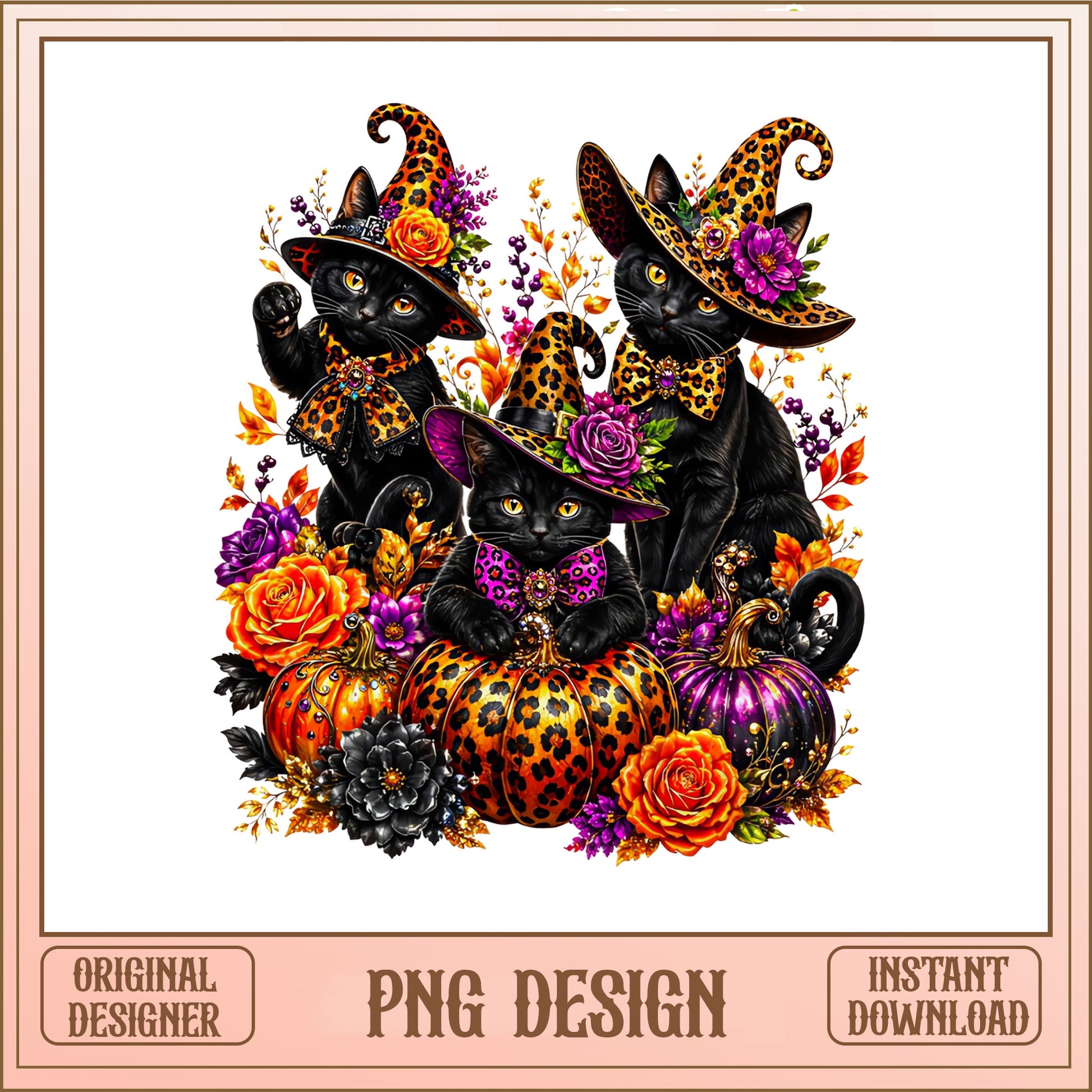 Halloween Black Cat Witch PNG, Leopard Pumpkin PNG, Fall Cat PNG
