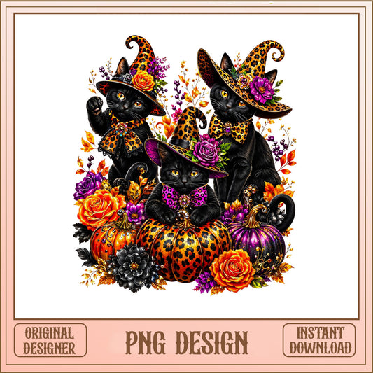 Halloween Black Cat Witch PNG, Leopard Pumpkin PNG, Fall Cat PNG