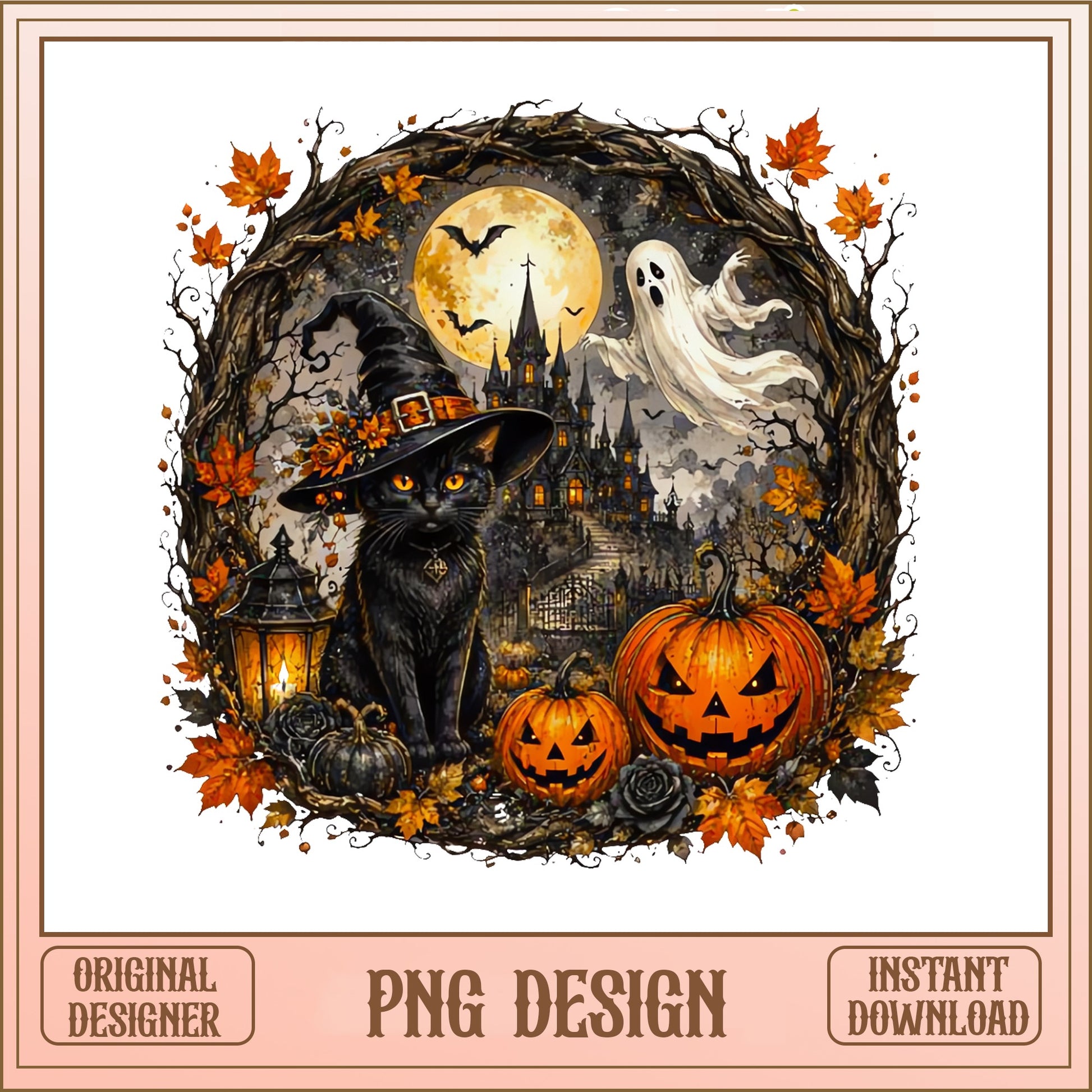 Halloween Black Cat Witch PNG, Spooky Ghost Pumpkin PNG, Halloween PNG