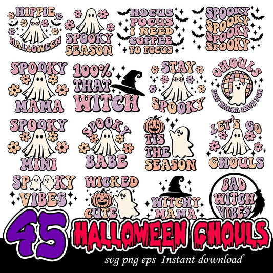 Halloween ghouls art png bundle, Halloween quotes bundle