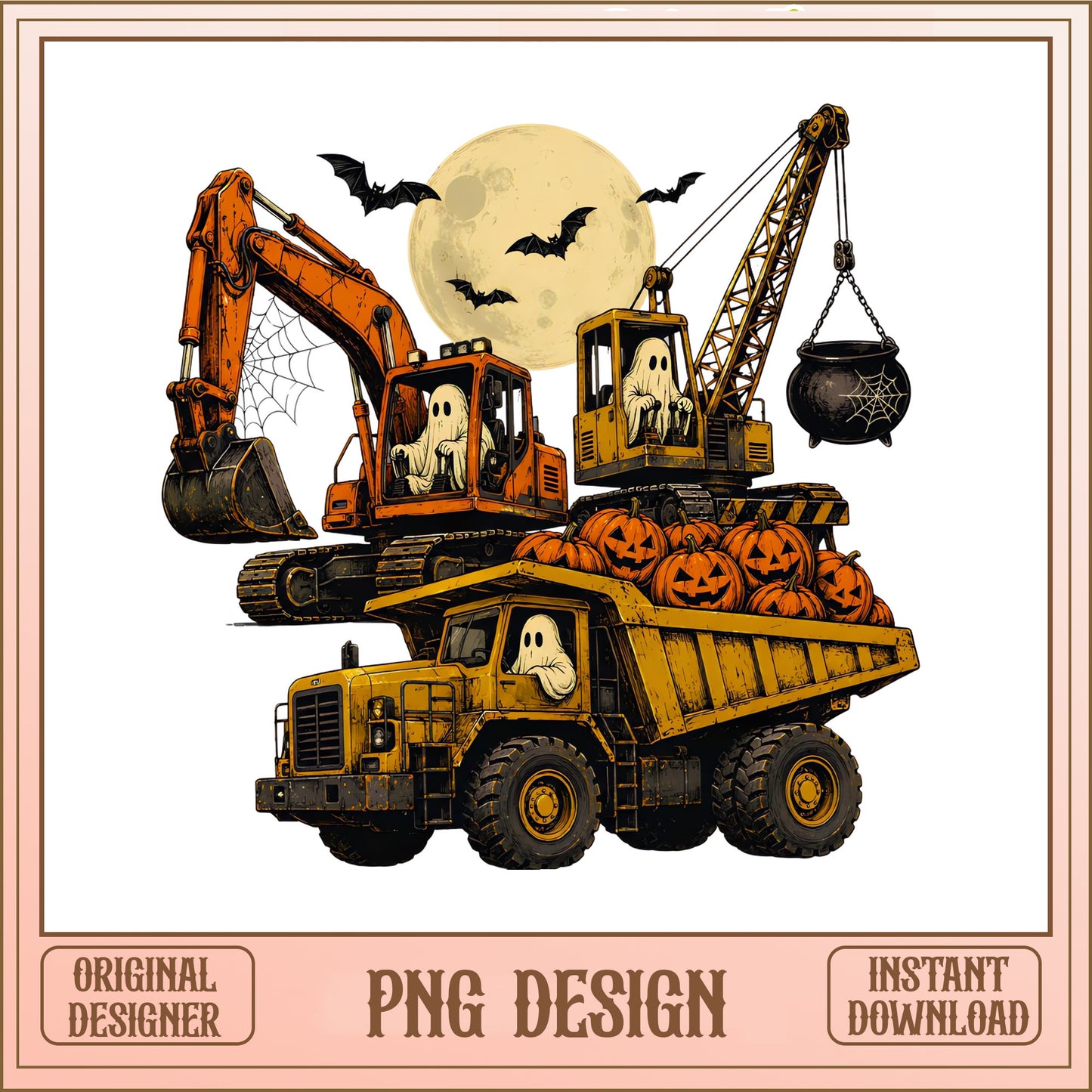 Halloween Construction Trucks PNG, Ghost Excavator PNG, Spooky PNG