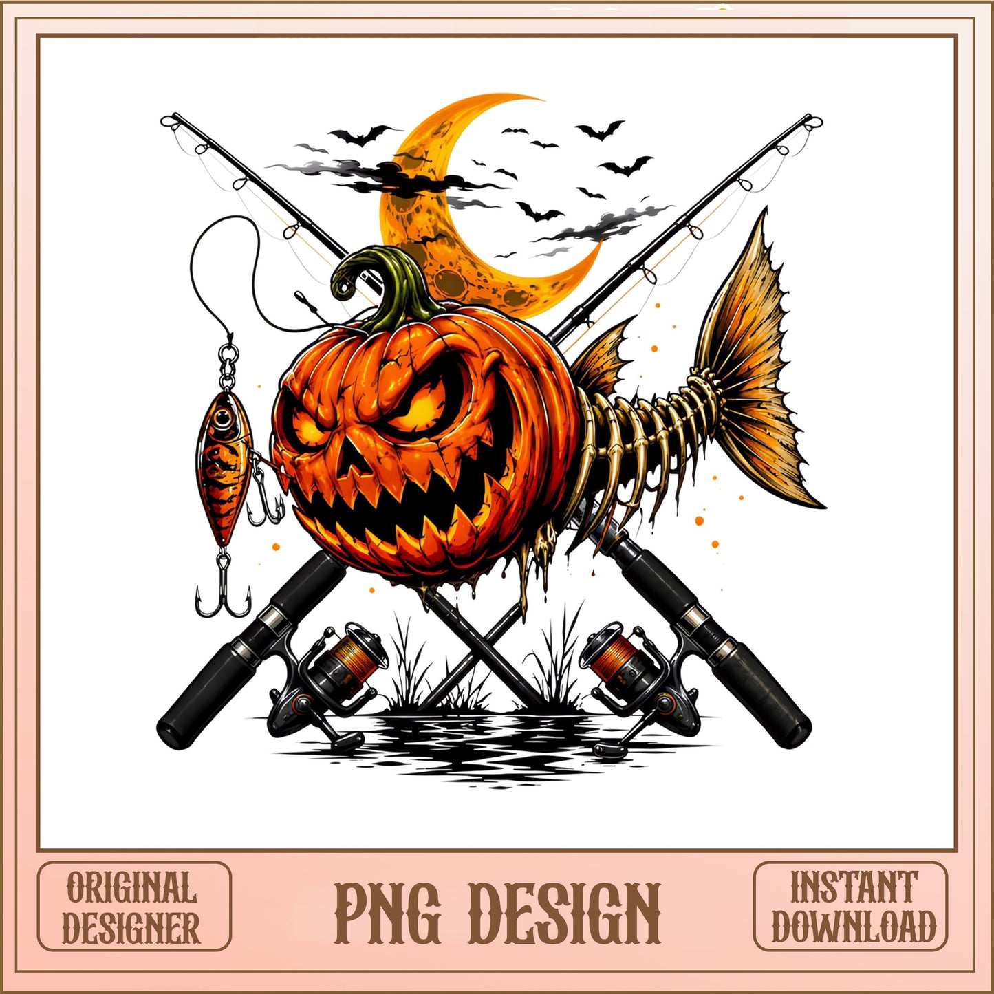 Halloween Fishing Pumpkin PNG, Jack O Lantern Fish PNG, Spooky Fishing PNG