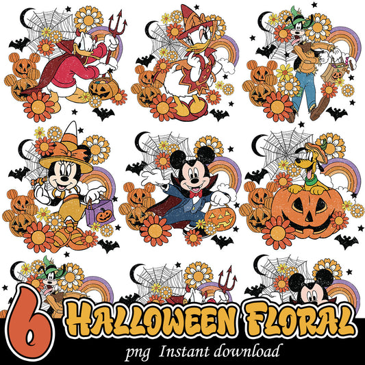 Halloween Disney friends floral png, Disney floral bundle