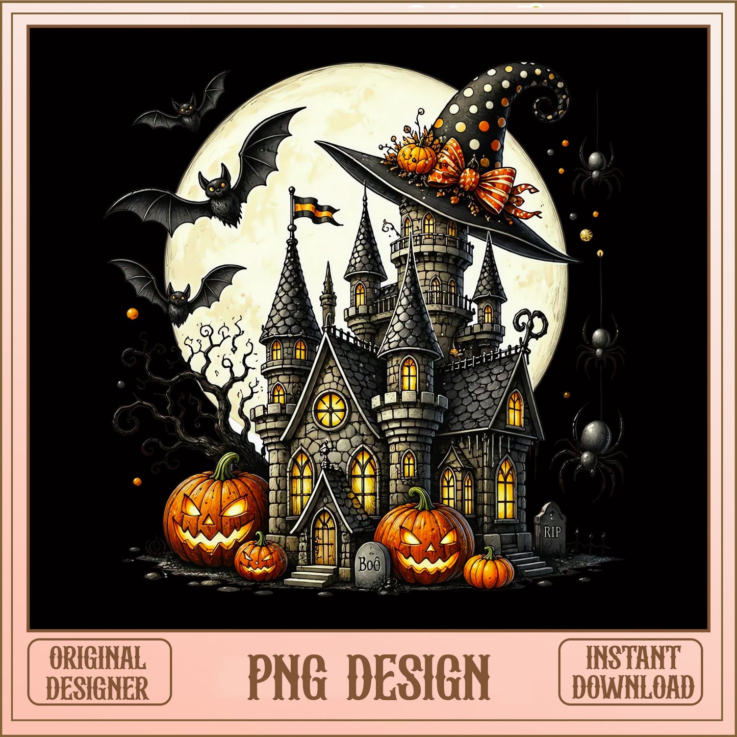 Halloween Haunted Castle PNG, Witch Hat Pumpkin PNG, Spooky House PNG