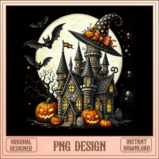 Halloween Haunted Castle PNG, Witch Hat Pumpkin PNG, Spooky House PNG