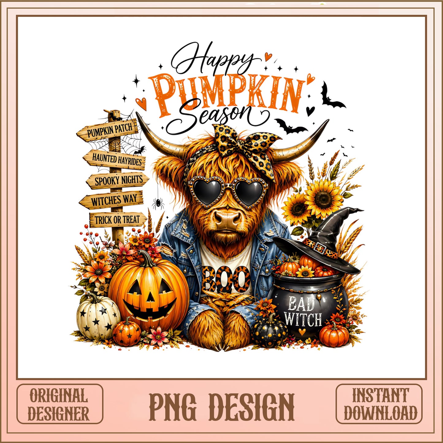 Halloween Highland Cow PNG, Happy Pumpkin Season PNG, Boo PNG