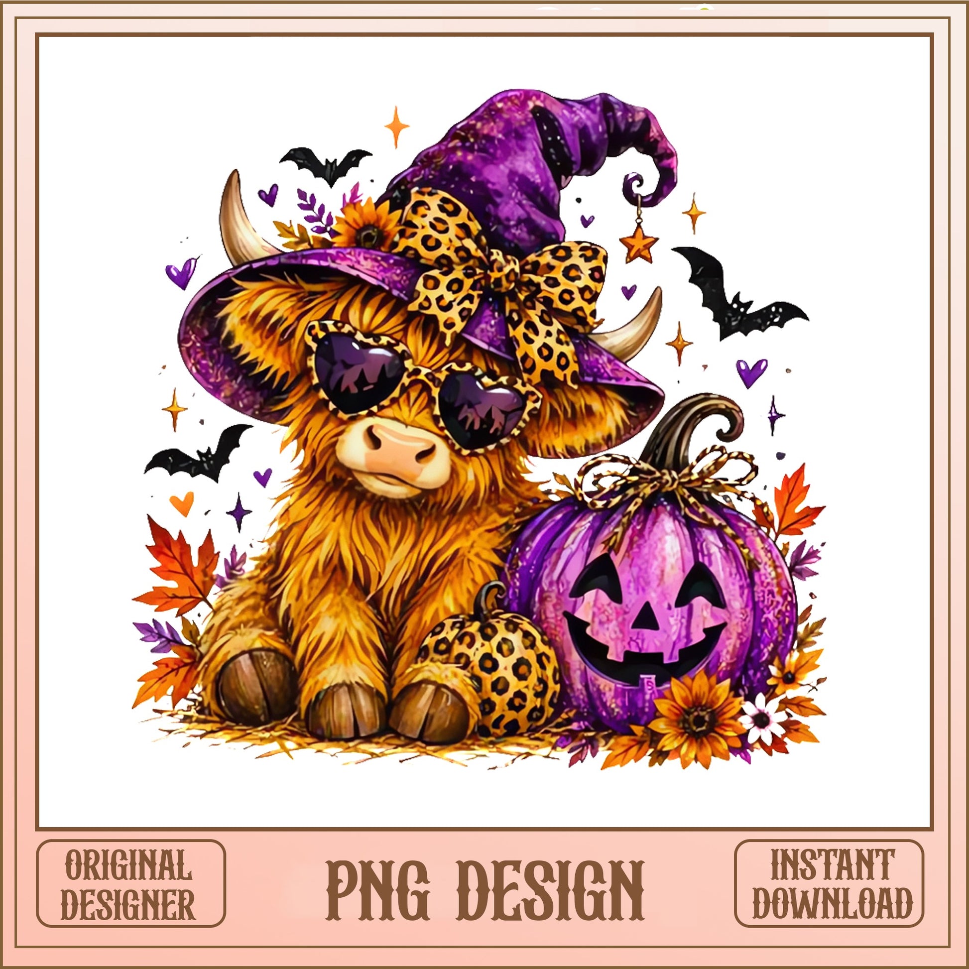 Halloween Highland Cow PNG, Witch Hat Pumpkin PNG, Fall PNG