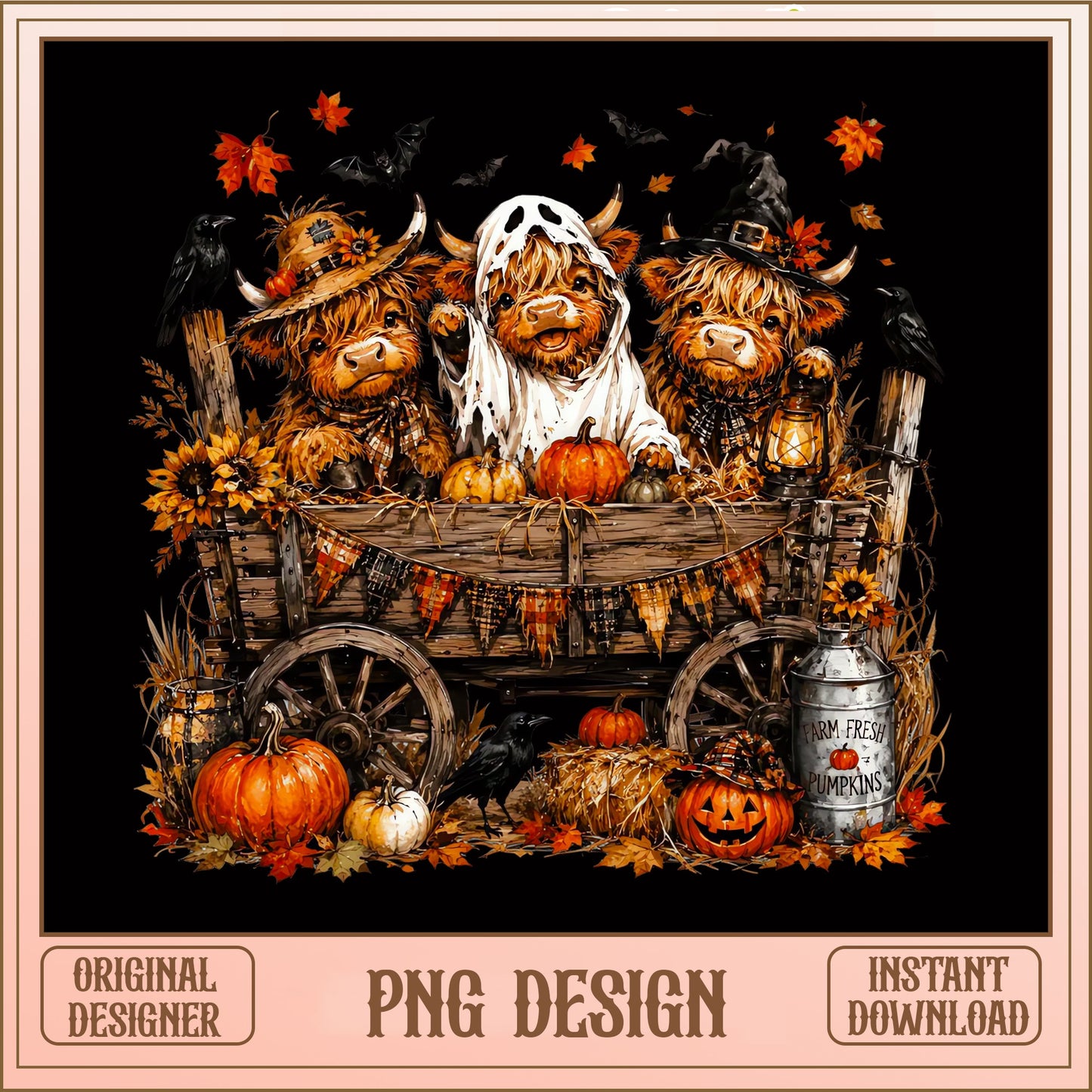 Halloween Highland Cow Wagon PNG, Spooky Fall Farm PNG, Cute Cow PNG