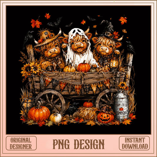 Halloween Highland Cow Wagon PNG, Spooky Fall Farm PNG, Cute Cow PNG