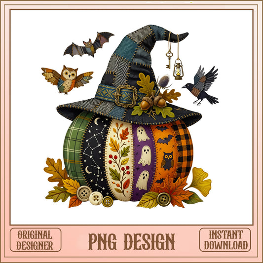 Halloween Patchwork Pumpkin Witch Hat PNG, Fall Autumn PNG, Spooky PNG