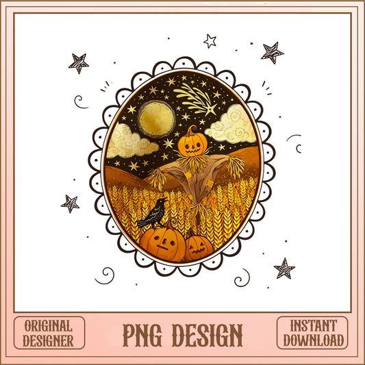 Halloween Pumpkin Scarecrow Field PNG, Fall Harvest PNG, Spooky Night PNG