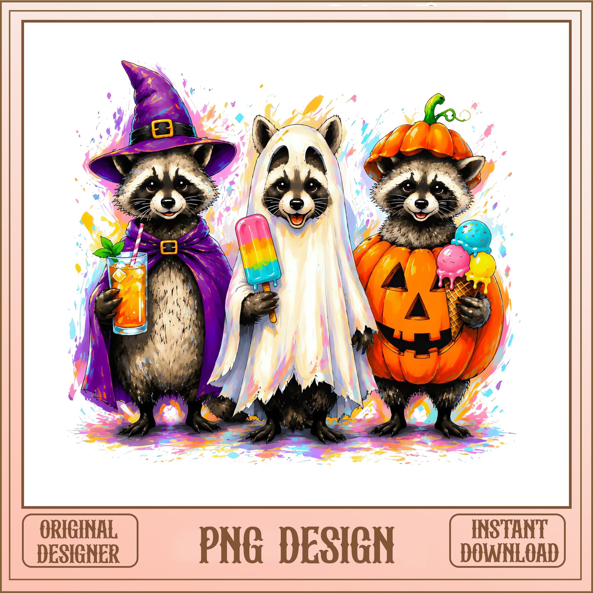 Halloween Raccoon PNG, Cute Raccoon Witch Ghost Pumpkin, Fall PNG