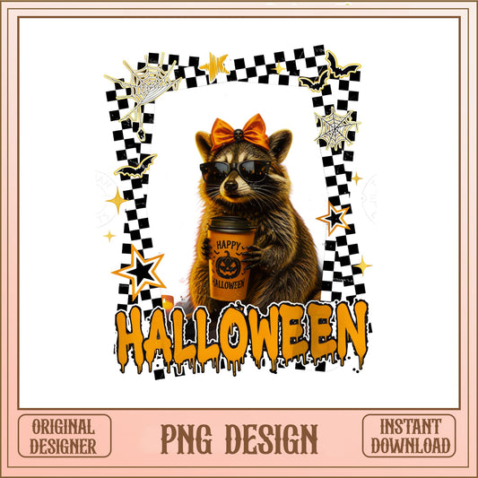 Halloween Raccoon With Coffee PNG, Spooky Raccoon PNG, Halloween PNG
