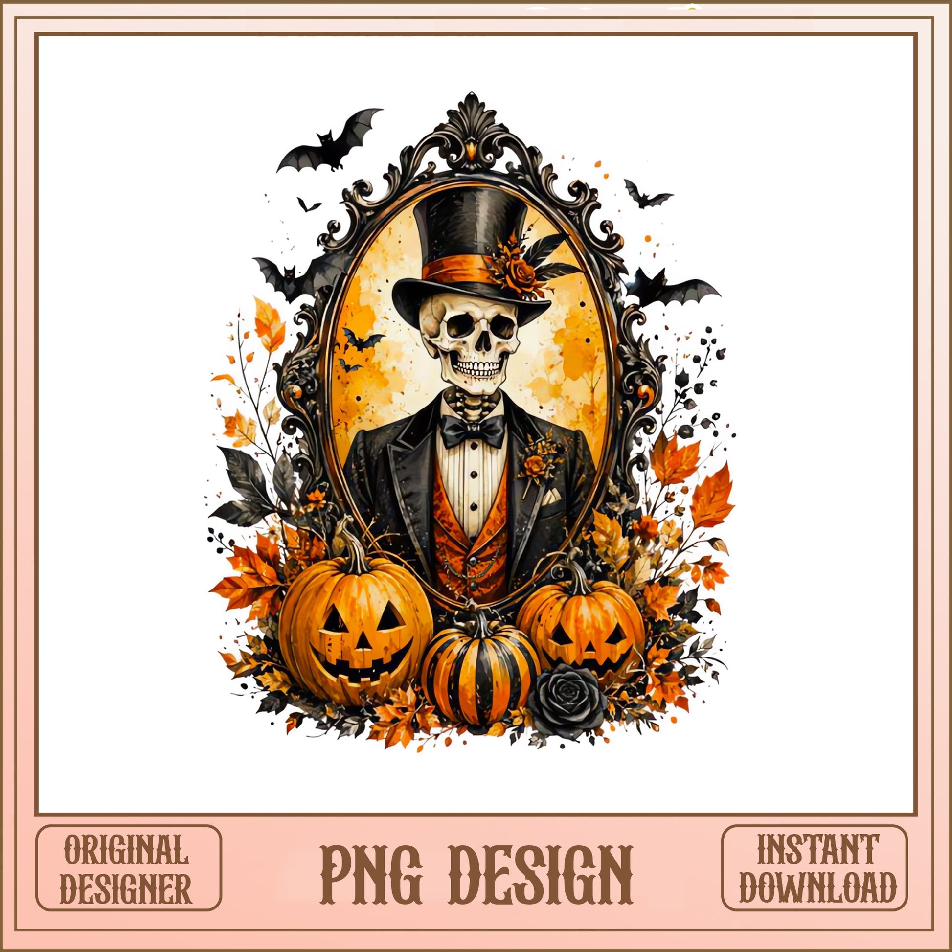 Halloween Skeleton Gentleman PNG, Spooky Skull Top Hat PNG, Gothic Pumpkin PNG