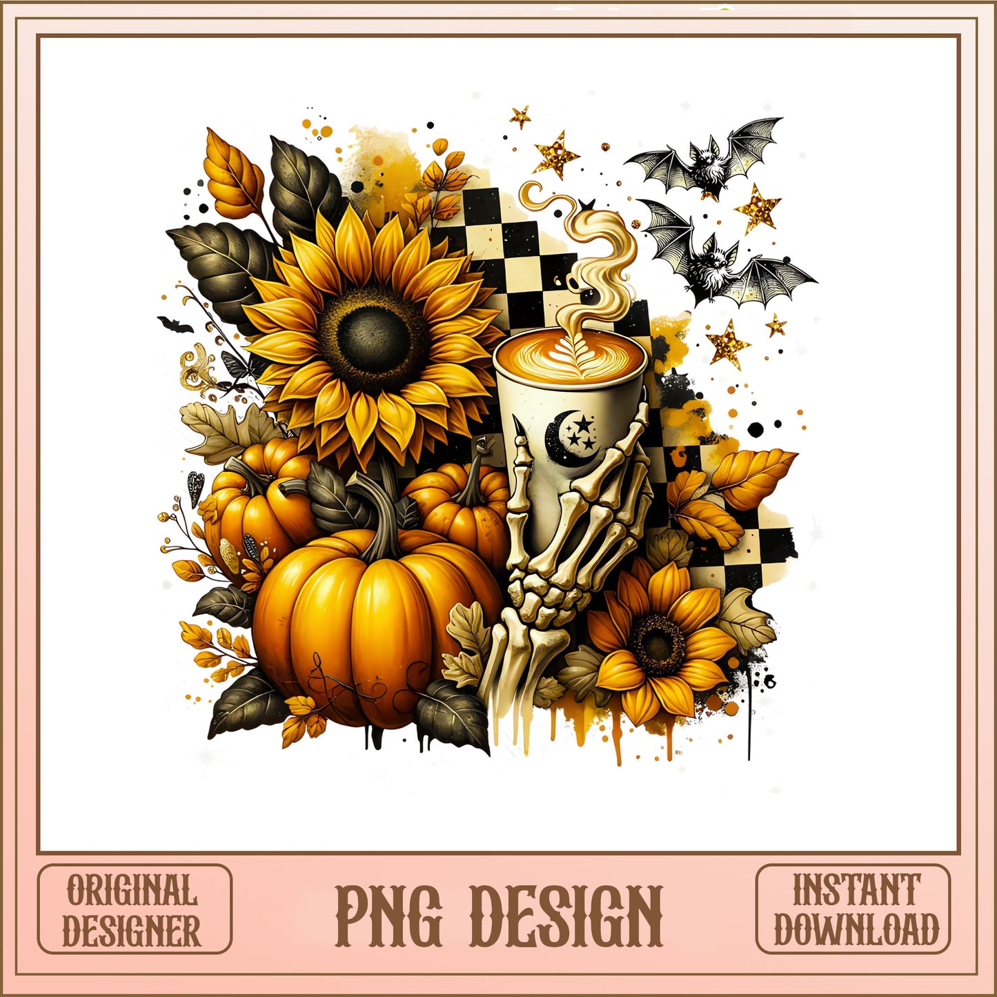 Halloween Skeleton Hand Coffee Pumpkin PNG, Fall Sunflower PNG, Halloween PNG