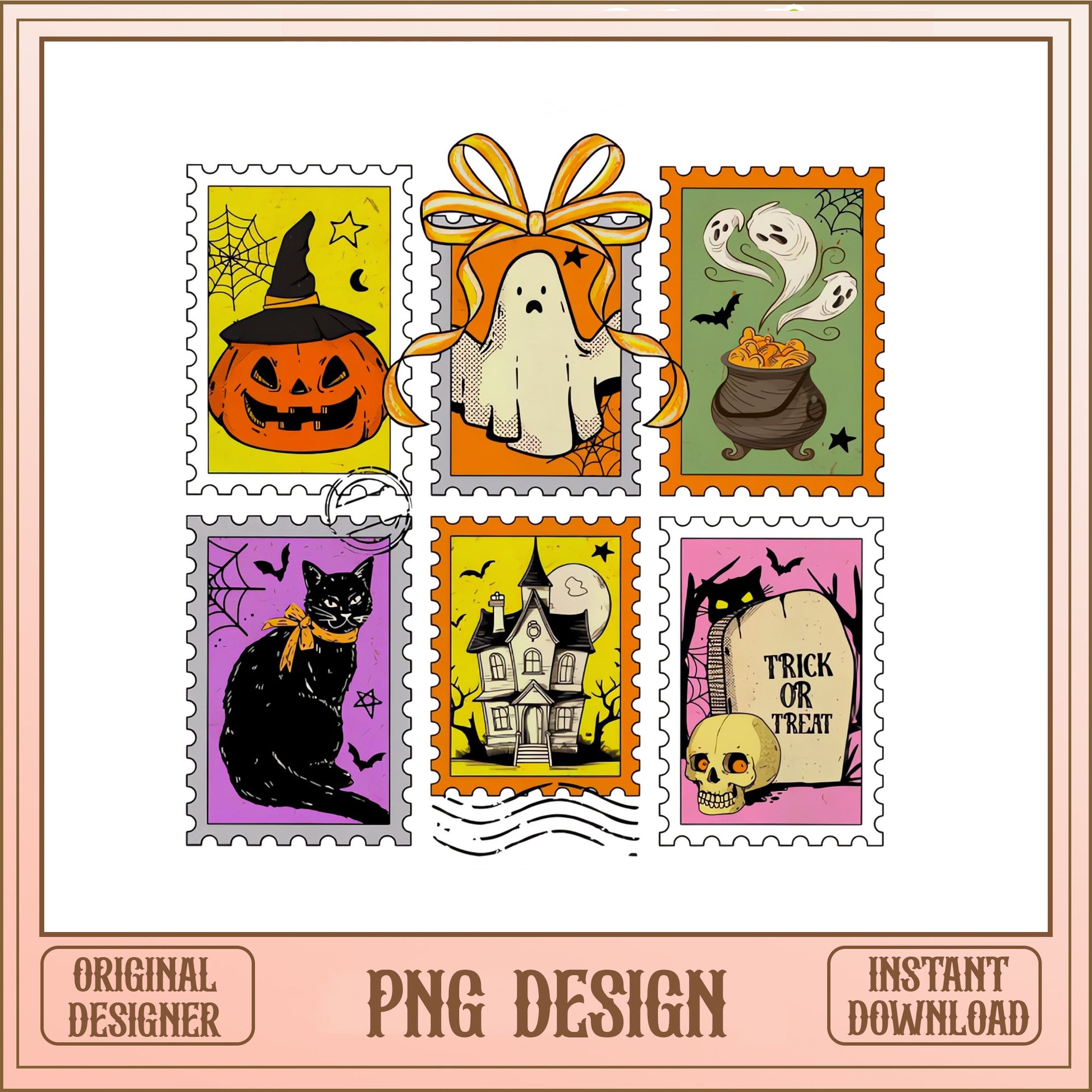 Halloween Stamp Bundle PNG, Retro Halloween Clipart, Trick Or Treat PNG