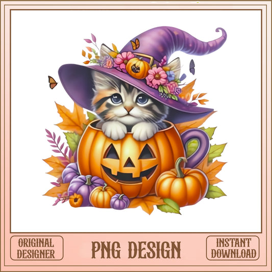 Halloween Witch Cat Pumpkin PNG, Cute Kitten Fall PNG, Halloween PNG