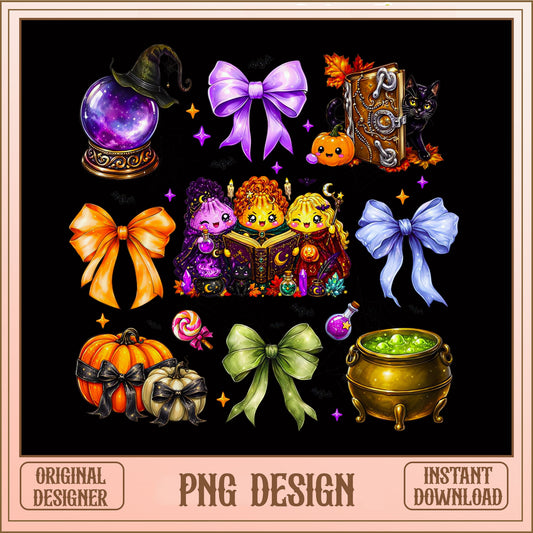 Halloween Witch Clipart PNG Bundle, Coquette Bow Halloween PNG, Pumpkin PNG