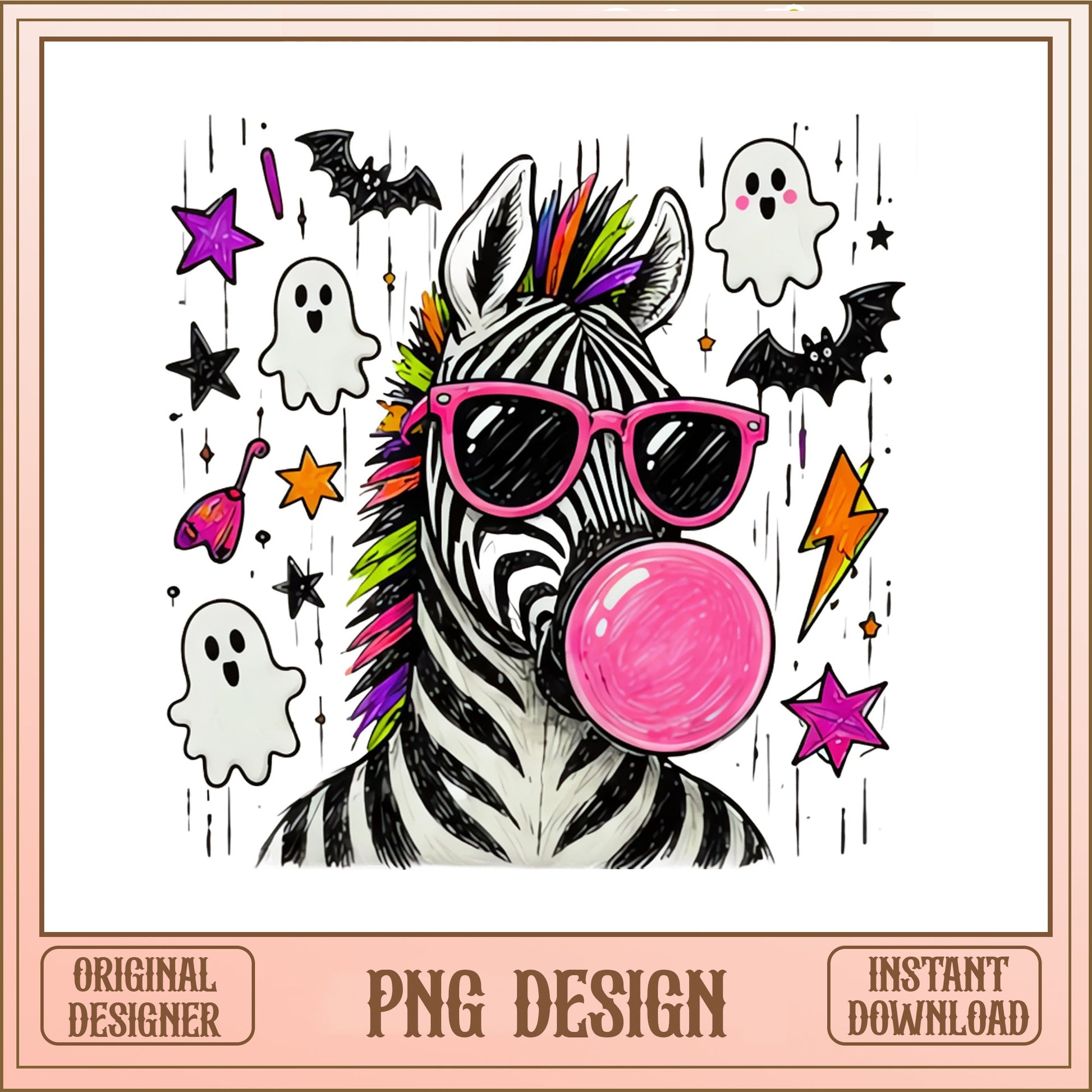 Halloween Zebra Bubblegum PNG, Cute Ghost Bat PNG, Spooky Animal PNG