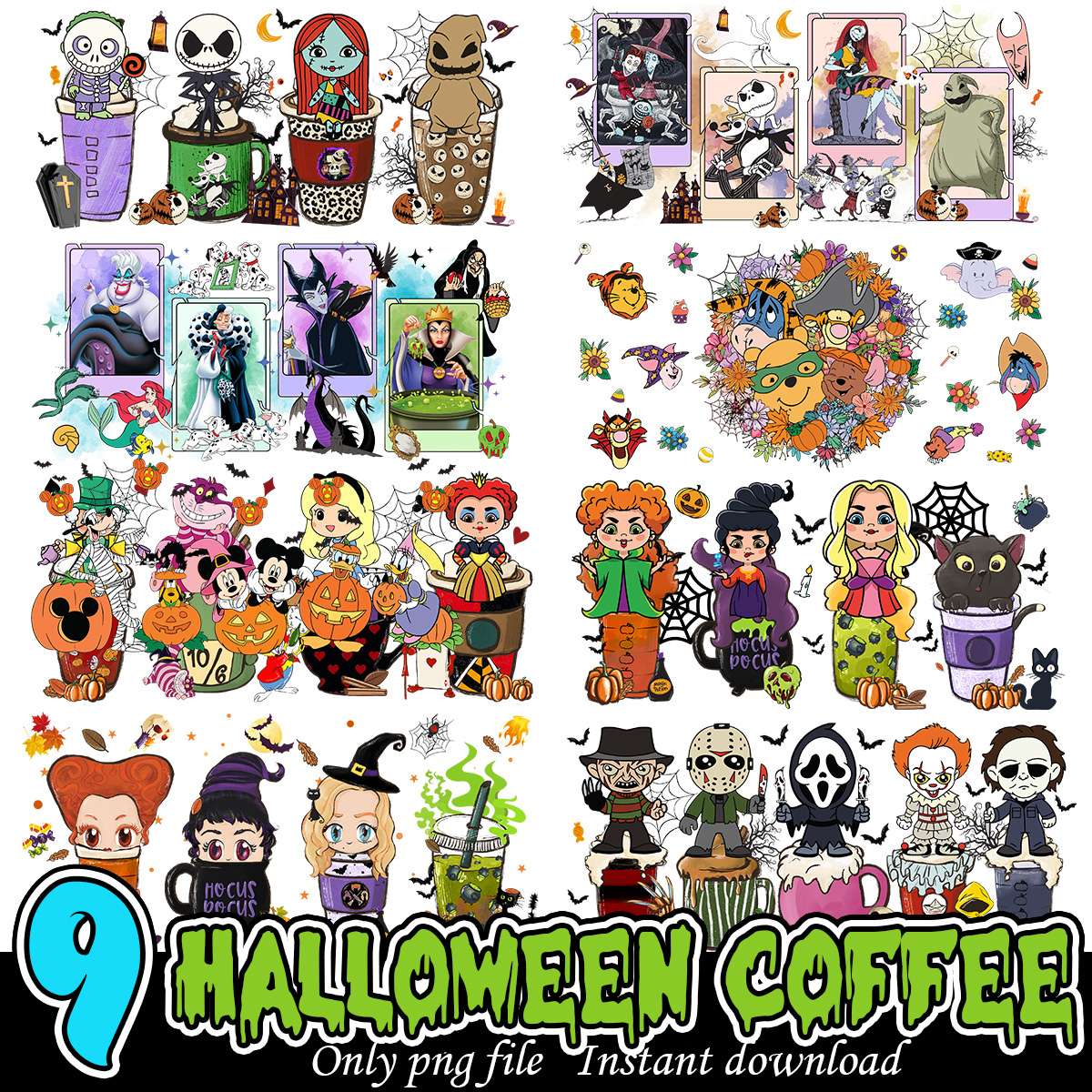 Halloween characters coffee bundle, Halloween coffee art bundle